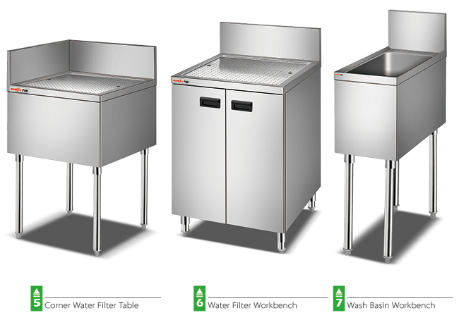 Tabla de la esquina del filtro de agua de la industria de la restauración/tabla de trabajo de acero inoxidable del lavabo